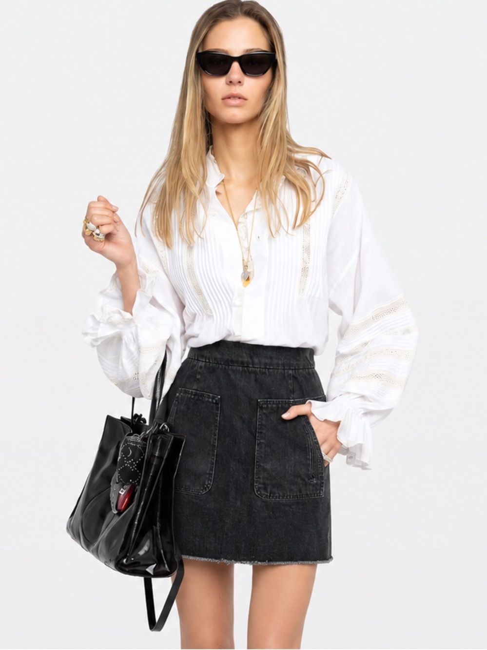 Zadig & Voltaire Juny Black Denim Mini Skirt Raw Hem Utility NWOT Size 38